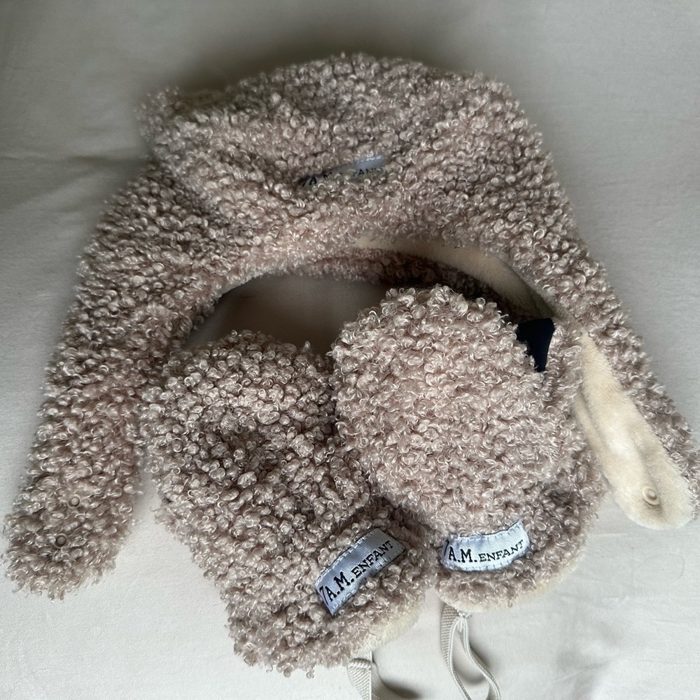 7AM ENFANT / CUB SET / Teddy Baby Hat & Gloves Mittens 6-12 mo